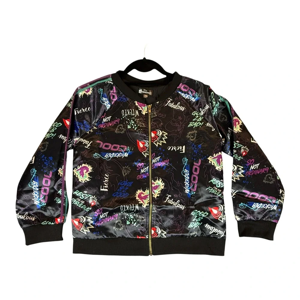 Disney Descendants 3 Bomber Jacket Kids Size 16 XL Black Neon Sequin Graphic Zip